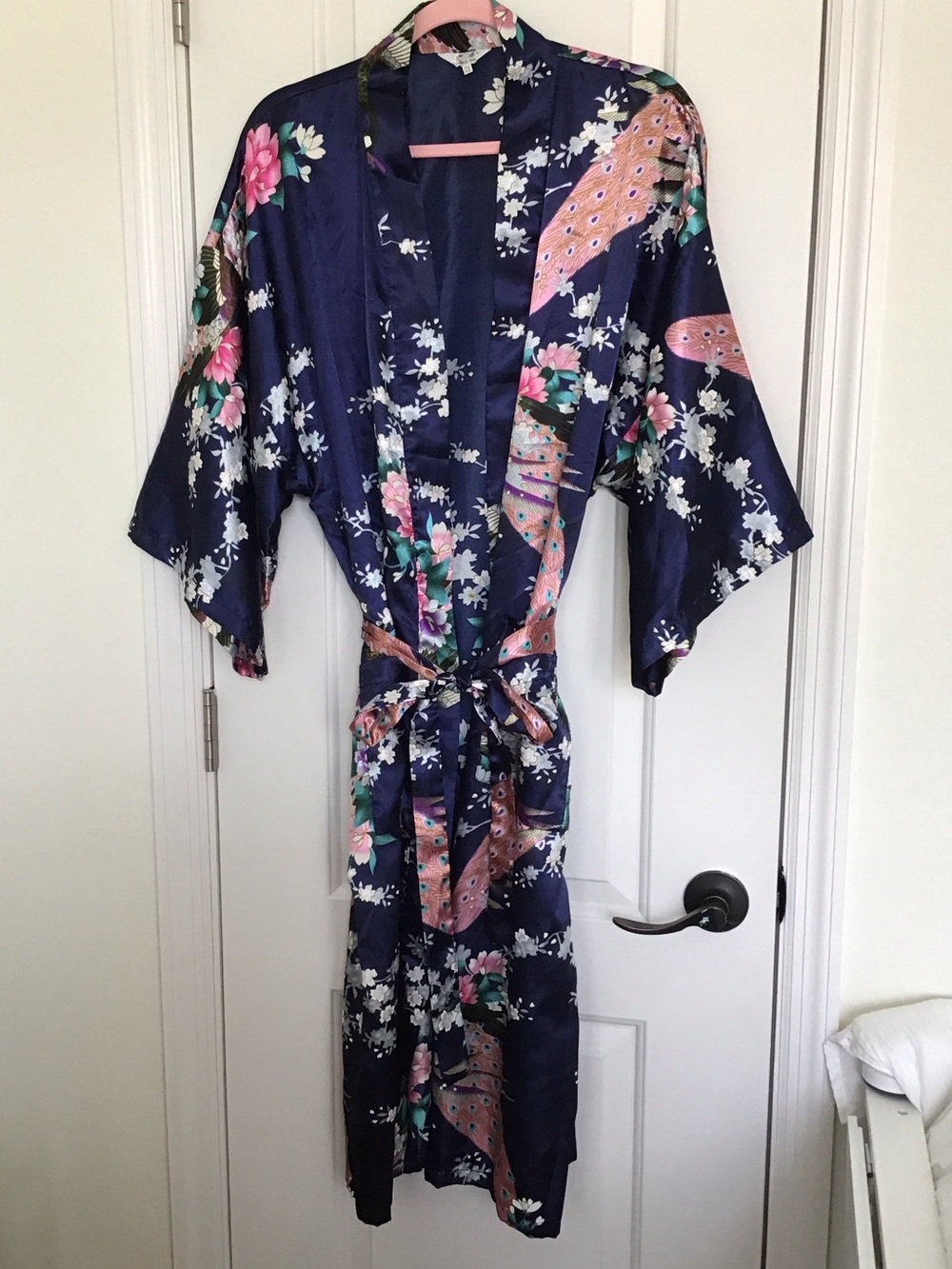 Kimono Robe Size XXXL Floral Peacock Dressing Gown Blue Satin Women’s